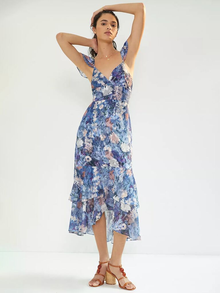 anthropologie blue floral garden wedding bridesmaid maxi dress