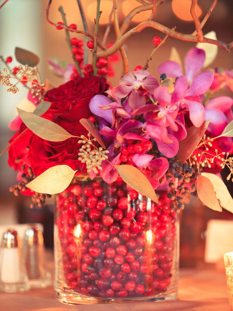 Cranberry glass floral centerpiece wedding flower arrangements