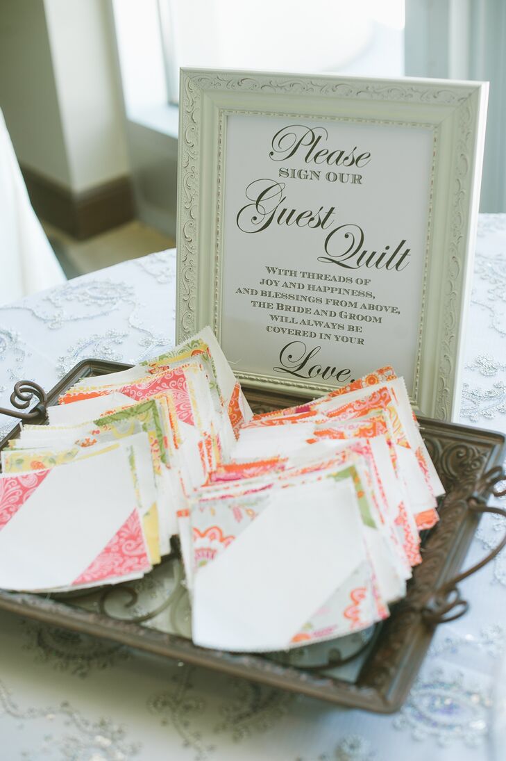 Instead of having a traditional wedding guest book, the bride and groom allowed friends and family to sign messages to be later incorporated into a quilt.
