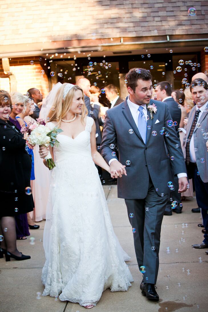 Following the ceremony, everyone blew bubbles as the newlyweds made their escape to the reception.
