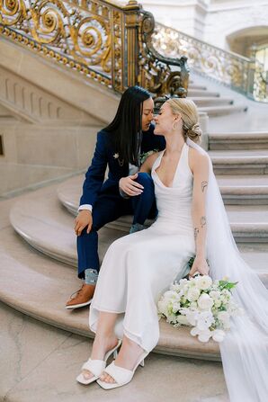Couple in Dark Blue Suit, Fitted White Dress with Long Veil, Stylish Shoes at City Hall