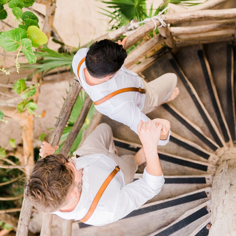 Tulum, Mexico engagement photos walking down the stairs