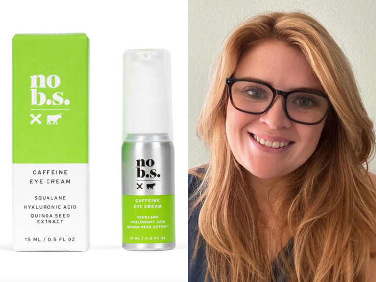Collage of caffeine eye cream and Lauren