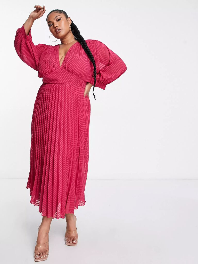 barbiecore pink engagement party dress with long sleeves
