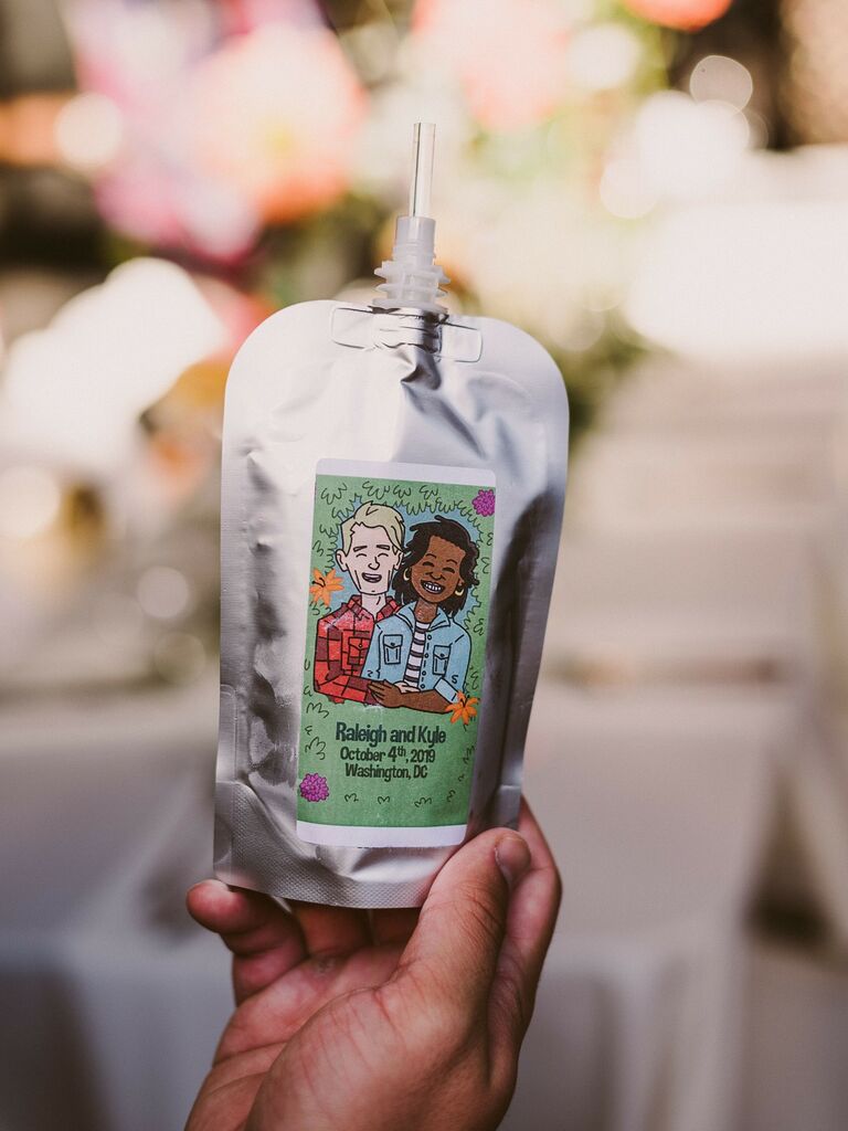 Custom drink pouches with illustrations of the happy couple. 