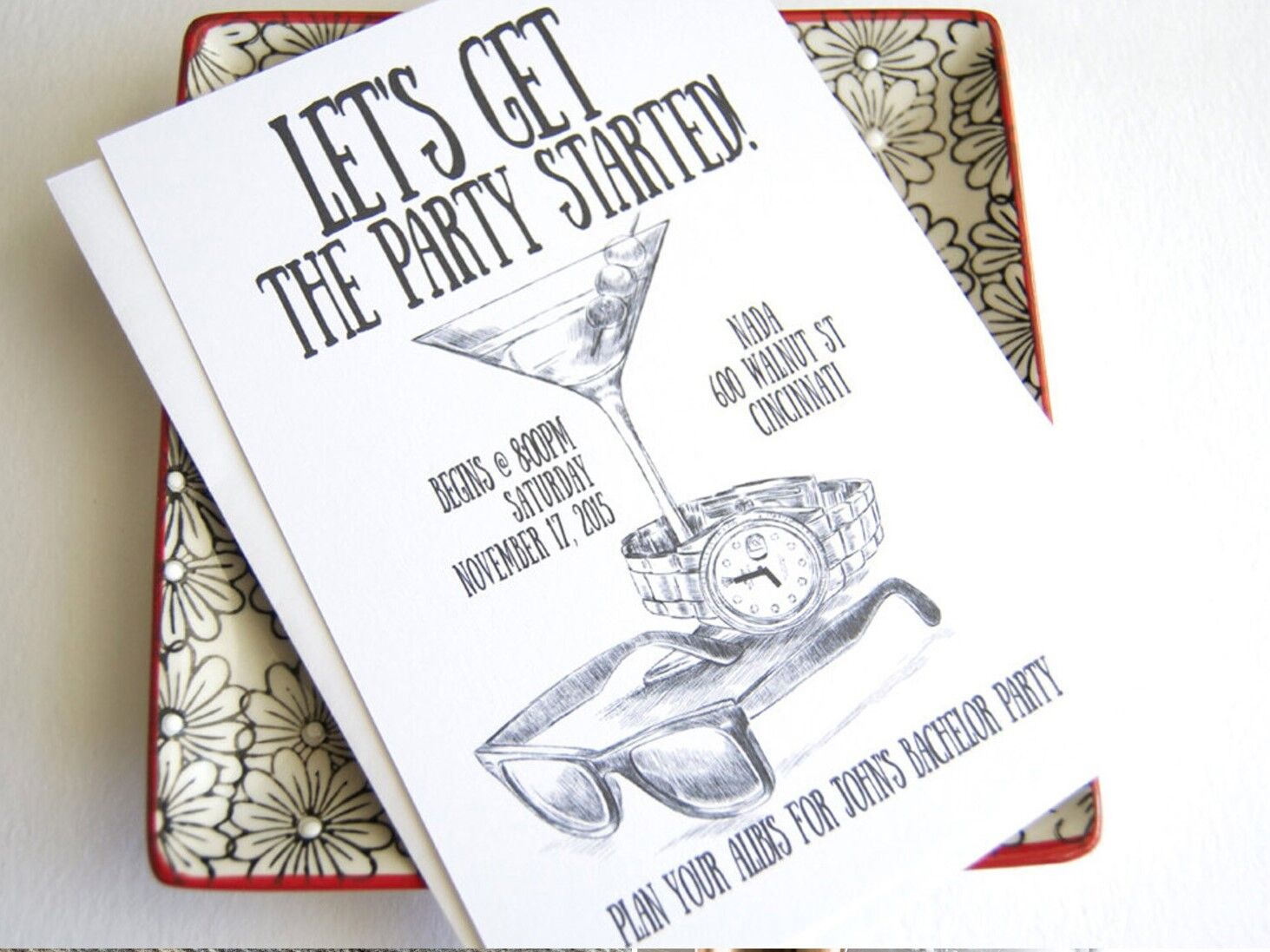 Line drawing of a martini with event details in playful type