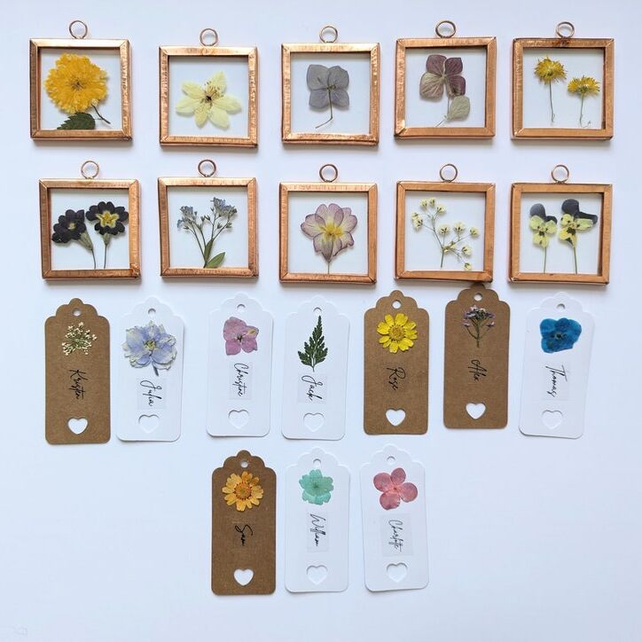 Pressed flower art in copper frame wedding favors 