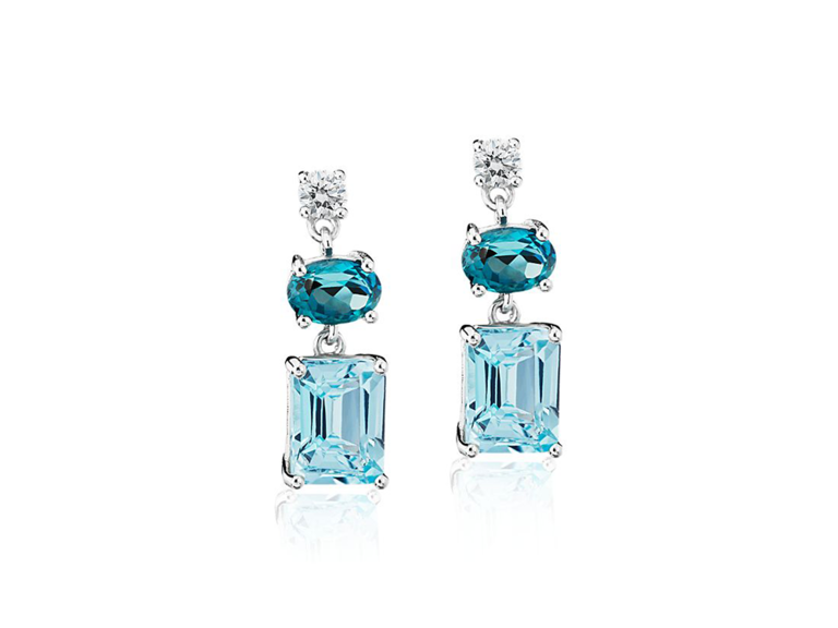 Aquamarine, tanzanite and white sapphire drop earrings set in sterling silver