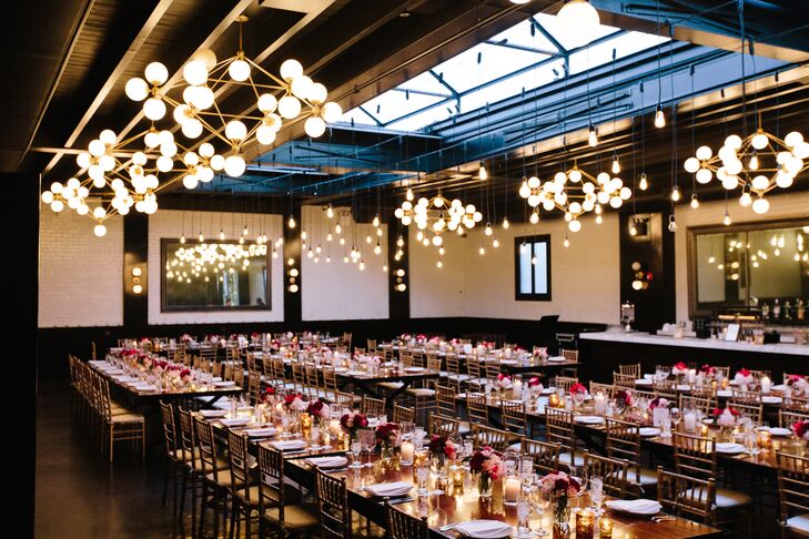 While searching for their perfect venue, Allison and Beth Anne immediately fell in love with the loft's white marble bars, patterned wallpaper and geometric ceiling installments. "We loved that the building had three distinct rooms that each had its own personality," Allison says.