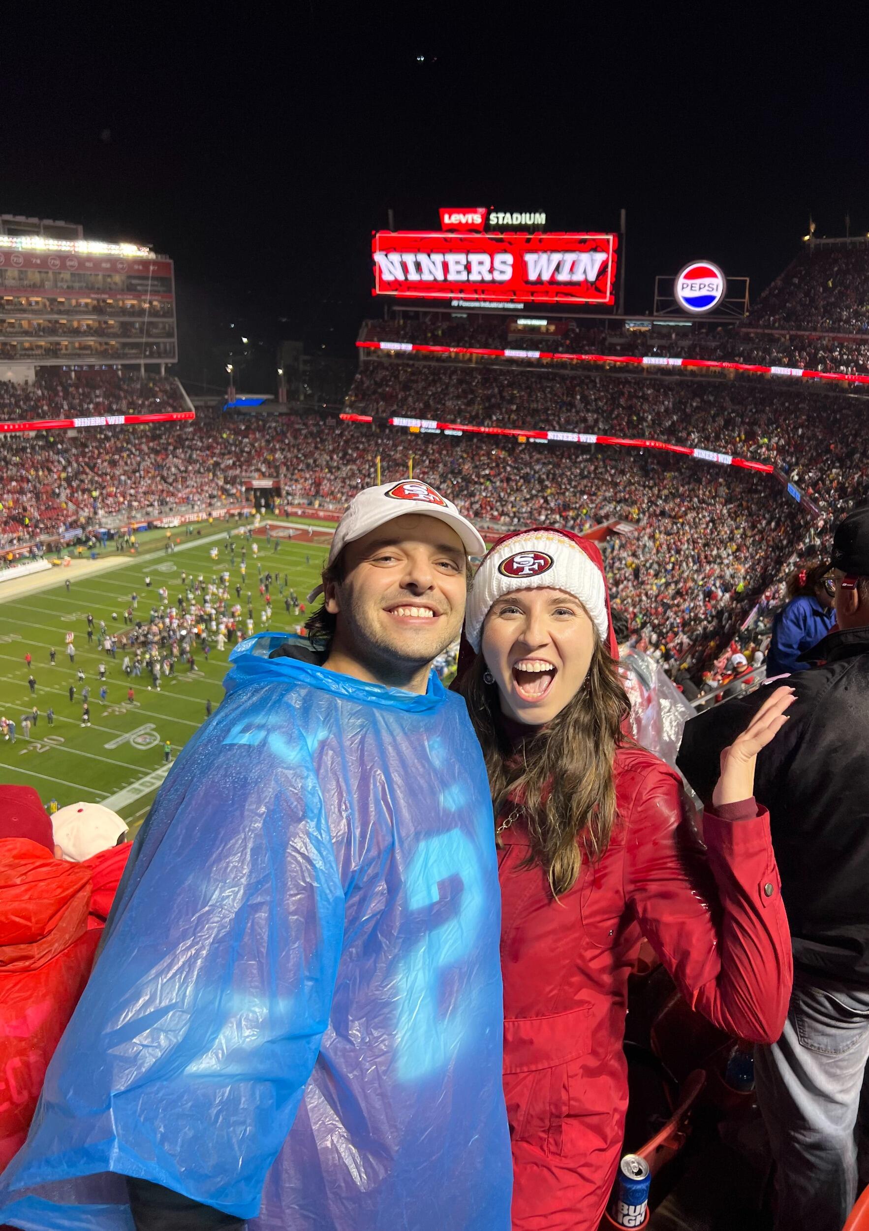 We are huge 49ers fans, and the 2023-2024 season was one for the books. Soaking wet from the rain, we never stopped rooting for the 49ers as they staged a comeback win against the Packers. Go Niners!