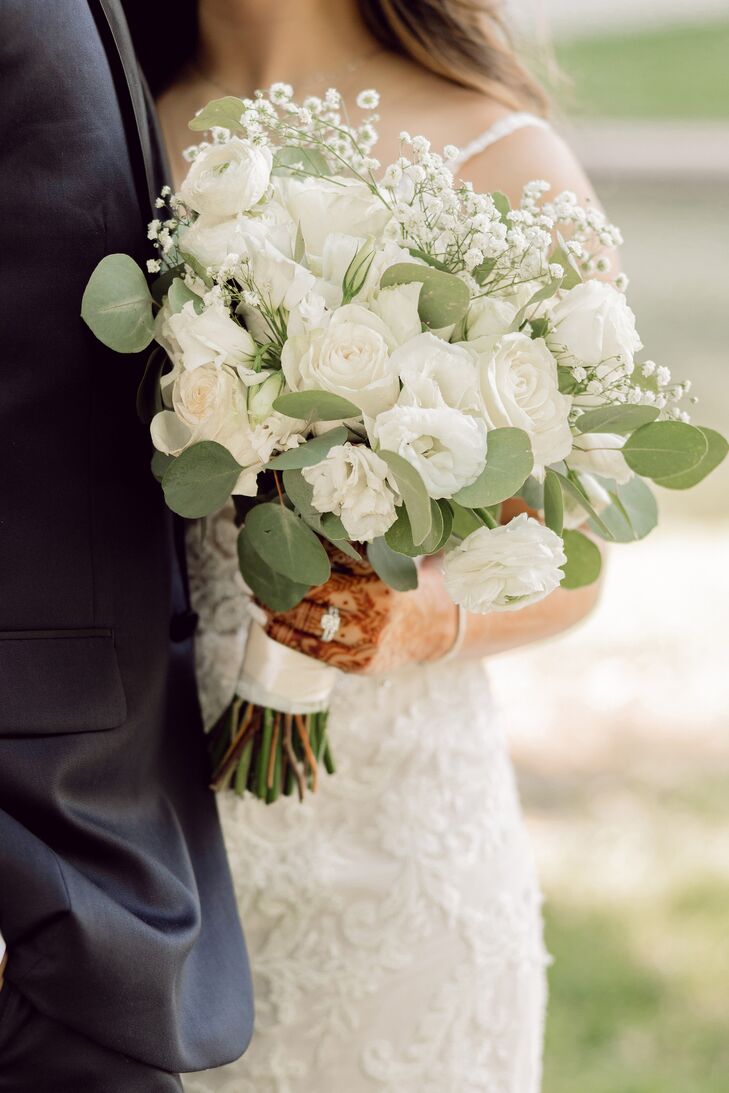 Bride With Henna and Bouquet of White Roses and Other Flowers, Pale Green Eucalyptus Leaves