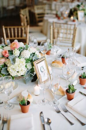 Ivory Hydrangeas and Peach Ranunculus Centerpieces