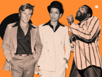 Collage of three 70s-inspired suits. 
