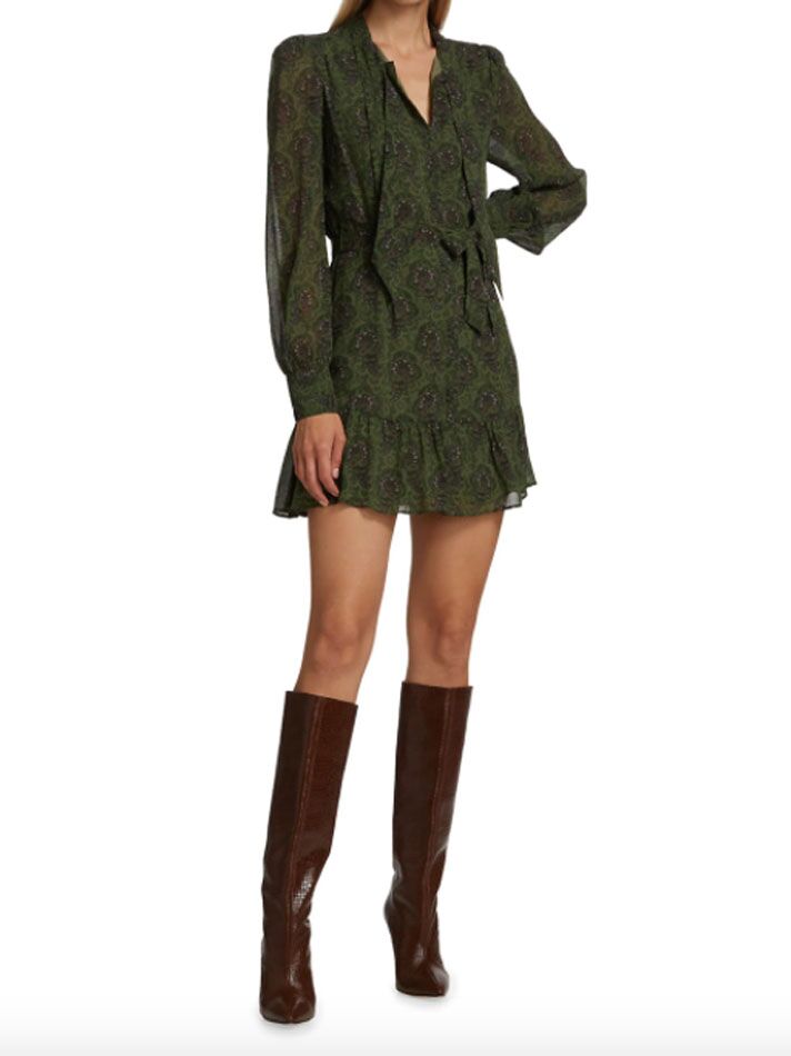 Long sleeve dark green fall wedding guest dress with paisley print
