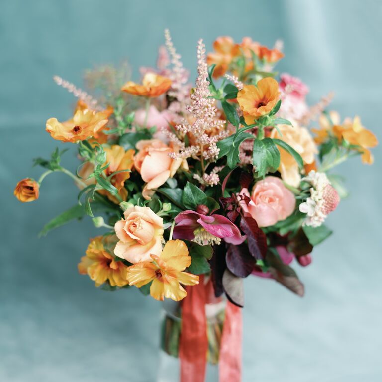 Cheerful peach, pink and plum wedding bouquet