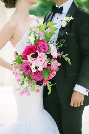 A Pink Bouquet of Roses, Peonies and Snapdragons Popped Against the Black and White Theme