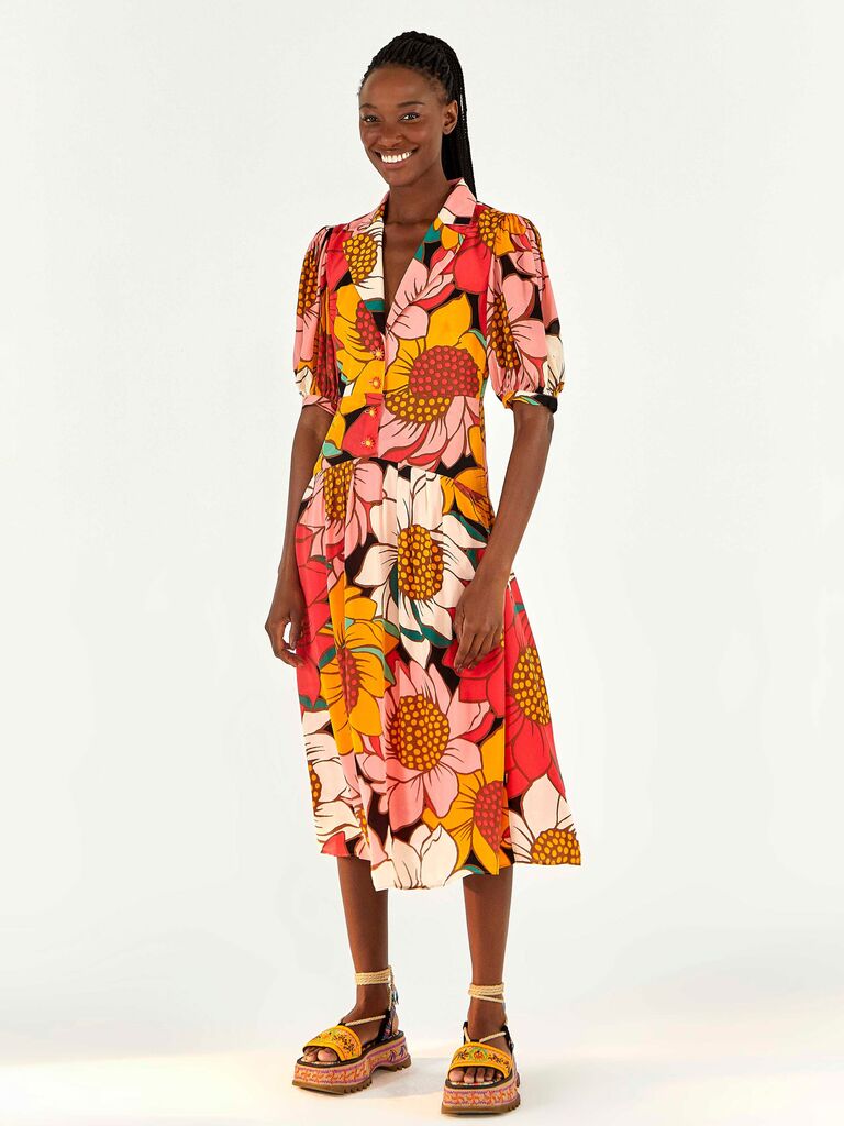 Farm Rio colorful sunflower floral midi dress for wedding guests