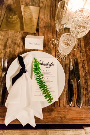 Wood Table, White Place Setting and Fern Leaf