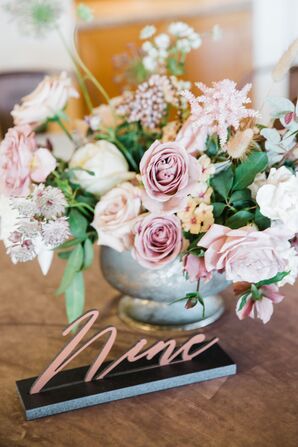 Rose Gold Calligraphy Table Number with Rose Centerpiece