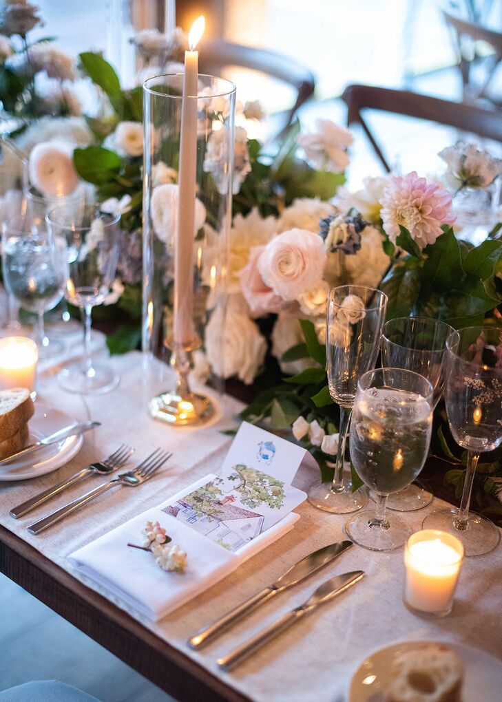 Dining Table Place Setting, Menu With Custom Illustration of Venue, Candles, Pastel Flowers