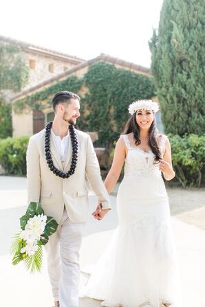 Couple Wearing Leis for Wedding at Villa Riposo in Morgan Hill, California