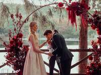 couple fall wedding lake