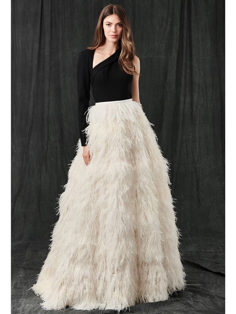 Kelly Faetanini ball gown with feather skirt and black bodice