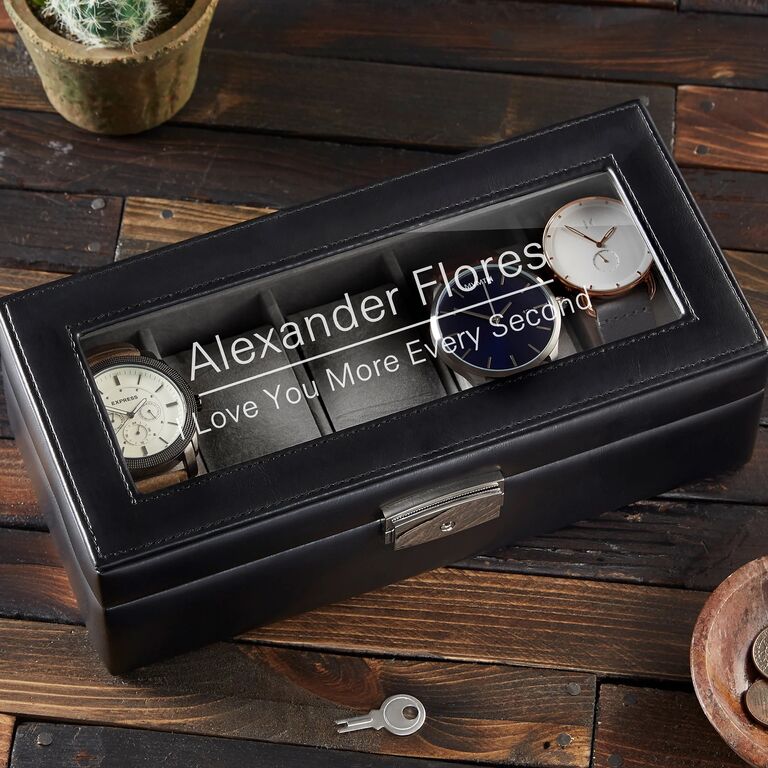 Vegan leather watch box with engraved lid personalized gift for husband