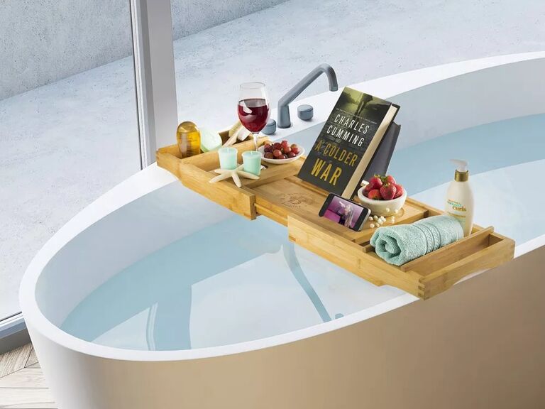 Bamboo bath caddy with accessory slots gift for wife
