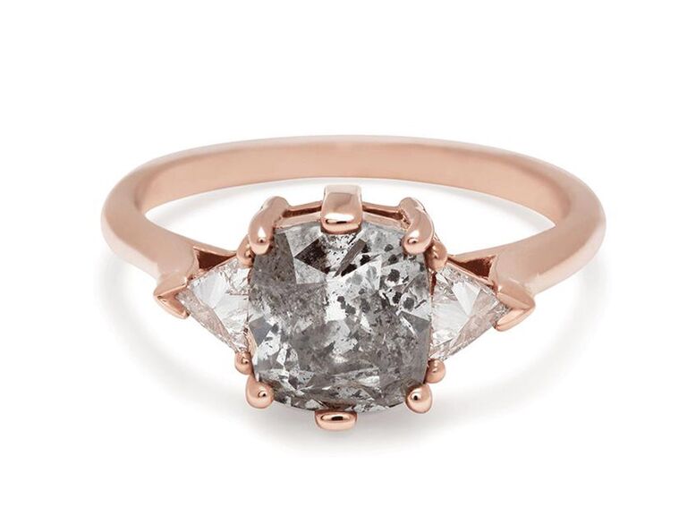 anna sheffield rose gold engagement ring with grey black diamond center stone claw prongs triangle shaped side diamonds and plain rose gold band