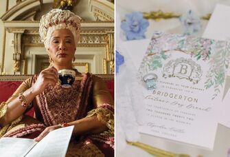 Still of Bridgerton's queen holding tea cup next to Bridgerton-themed bridal shower brunch invitation