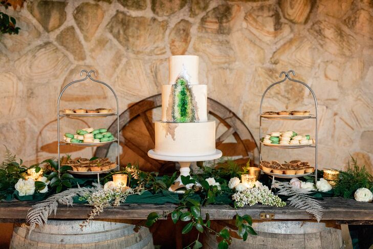 White Tiered Cake with Green Geode Design