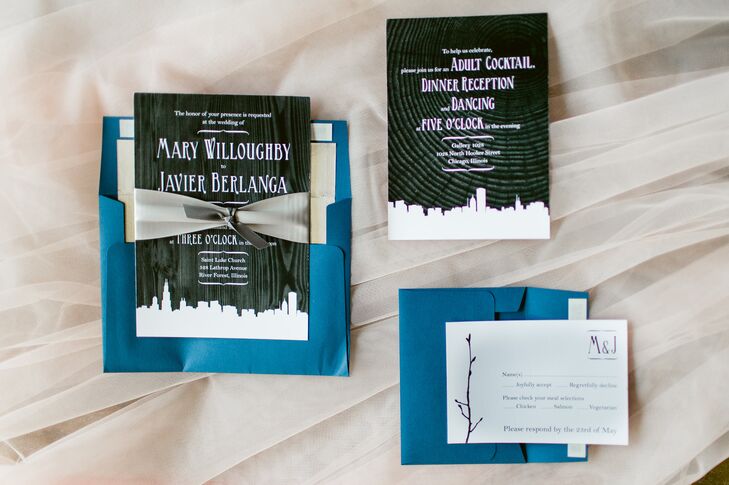Mary and Jav worked with a graphic designer friend to create an invitation with the Chicago skyline silhouette and a black-and-white grain wood pattern, tied with a silver ribbon. The envelopes were bright navy blue with a silver lining. The couple printed the envelopes, invitations, programs, escort cards and menu poster board at home and assembled the invitation themselves.