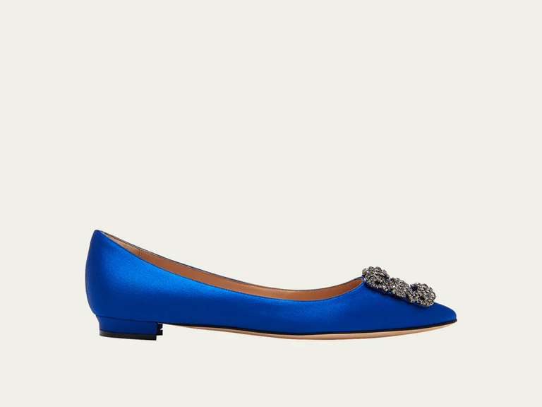 Blue flat pump with a dazzling silver buckle