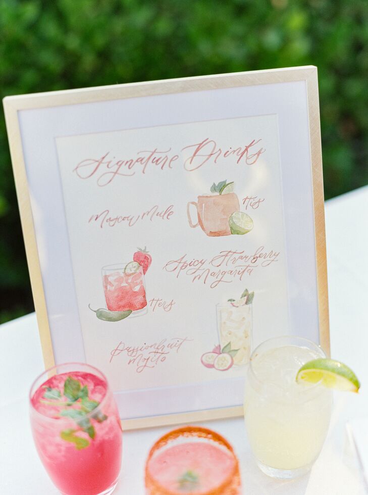 Watercolor Illustrated Bar Menu in Gold Frame