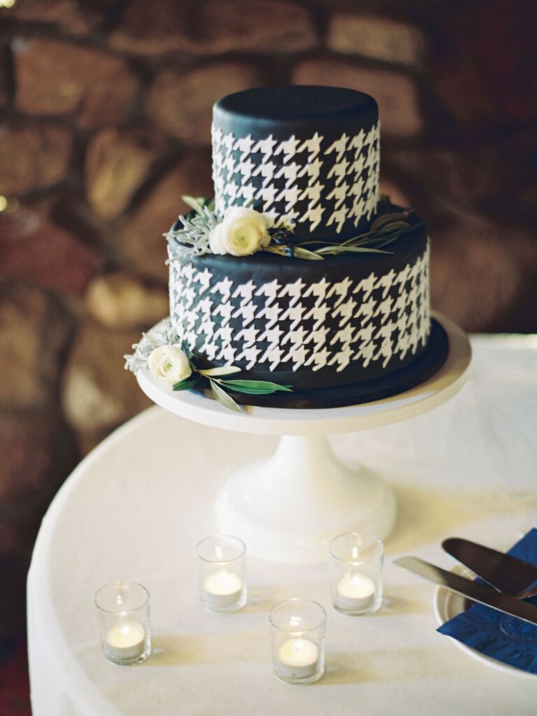 navy blue fondant wedding cake with white houndstooth pattern