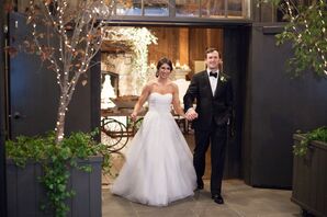 Classic Strapless A-Line Wedding Dress and Black Tuxedo