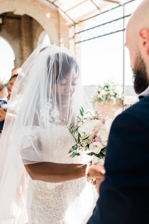 Bride With Wedding Veil During Wedding Ceremony at Villa Del Cardinale in Italy