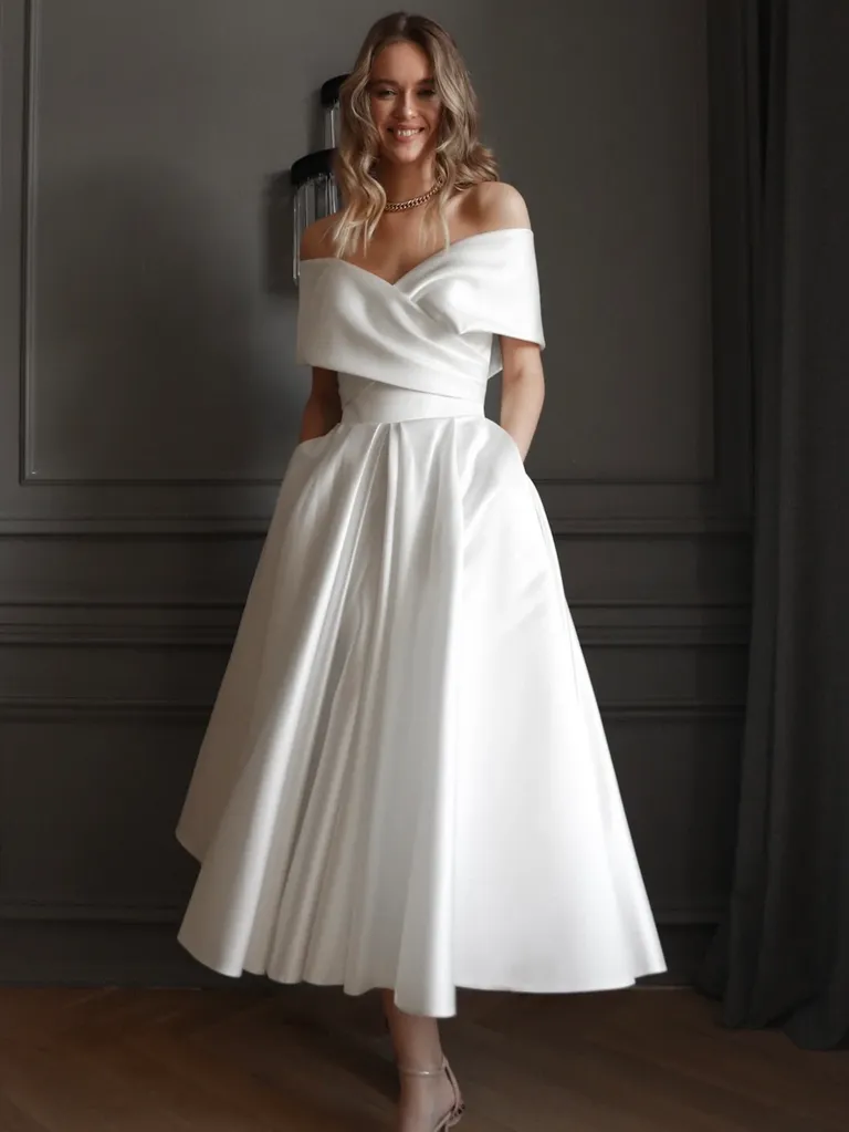 Satin midi off-the-shoulder wedding dress for older brides