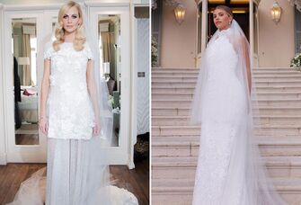 Collage of celebrities wearing Chanel wedding dresses. 