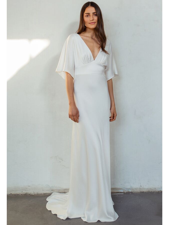 Jenny Yoo Little White Dress satin V-neck dress with kimono sleeves