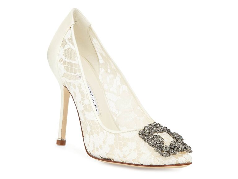neiman marcus white lace wedding pump with jeweled brooch