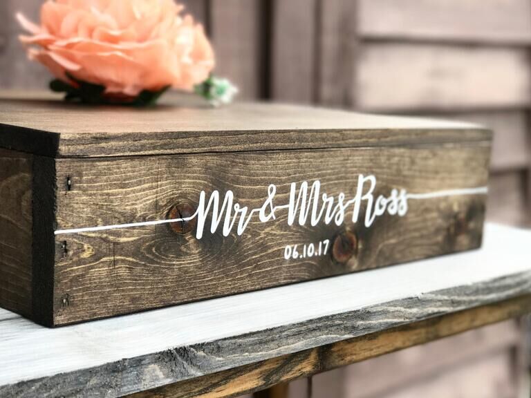 Square wooden rustic wedding cake stand hand-painted with couple's names and date