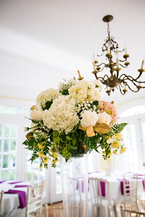 Tall White Floral Centerpieces in Cylinder Vases