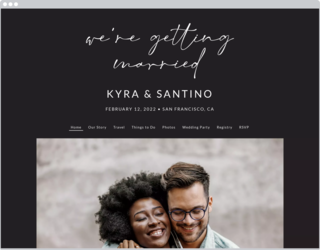 A website with “we’re getting married” in white script on a black background and a photo of a happy couple.