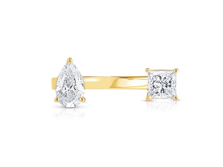 two stone ring in open setting with pear shaped diamond and cushion cut diamond