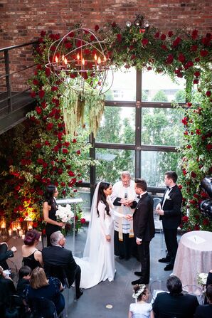 Industrial, Luxurious Ceremony with Windows, Rustic Chandelier and Greenery with Roses