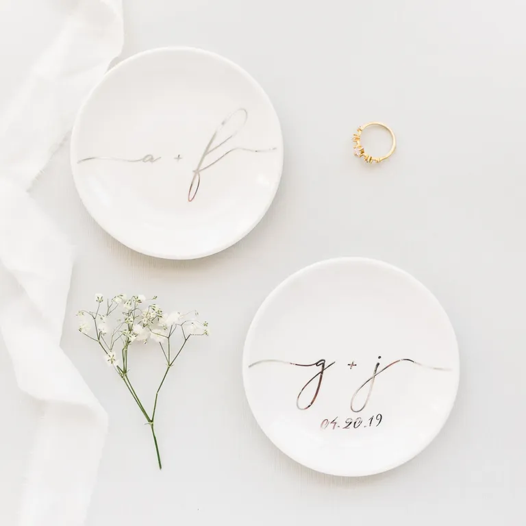 Personalized white ring bearer dish with gold initials 