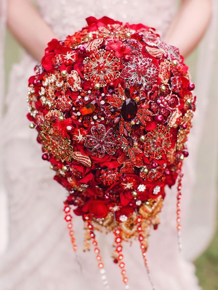 red brooch wedding bouquet alternative