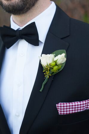 Peter's Black Tuxedo, Red Gingham Pocket Square, and White Rose Boutonniere